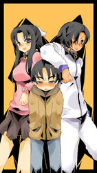  1boy 2girls black_hair blush breasts chigusa_nana collar commentary_request dark_skin hands_in_pockets height_difference large_breasts leaning_on_person long_hair mole mole_under_eye multiple_girls nana_to_kaoru one_eye_closed ryu3224 short_hair skirt sugimura_kaoru sweatdrop sweater tachi_ryouko track_suit 