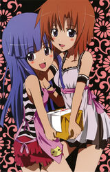  2girls abstract_background absurdres alternate_costume apron arm_garter badge blue_hair box brown_hair brown_skirt button_badge casual collarbone furude_rika highres higurashi_no_naku_koro_ni long_hair looking_at_viewer miniskirt multiple_girls official_art package pink_ribbon purple_eyes ribbon ryuuguu_rena shirt short_hair shorts skirt string striped_clothes striped_shirt tonogai_yoshiki 