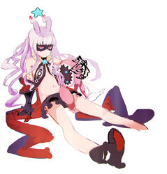  commentary elbow_gloves female flat_chest galaktika gloves horns hoshimiya_kate long_hair mask miniskirt navel photoshop_(medium) pink_eyes purple_hair sekai_seifuku:_bouryaku_no_zvezda shoes single_shoe sitting skirt smile so-bin solo 