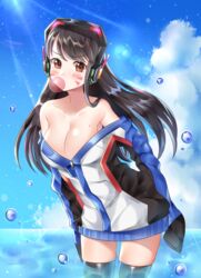  bare_shoulders black_hair black_thighhighs blowing_bubbles blush breasts brown_eyes chewing_gum cleavage cloud coat collarbone commentary cosplay cowboy_shot d.va_(overwatch) day eyebrows facial_mark female headphones highres lens_flare long_hair long_sleeves looking_at_viewer medium_breasts mole mole_on_breast mouth_hold naked_coat ocean off_shoulder outdoors overwatch overwatch_1 sky sleeves_past_wrists soldier:_76_(overwatch) soldier:_76_(overwatch)_(cosplay) solo standing sun swept_bangs thighhighs ubi_(ekdus6080) wading water_drop whisker_markings zipper 