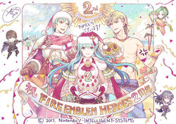  3boys 3girls anniversary aqua_hair armor asatani_tomoyo ayra_(fire_emblem) berkut_(fire_emblem) black_armor black_eyes black_hair blue_eyes box bracelet brother_and_sister brown_eyes cake cape chibi cloud company_name copyright_name eirika_(fire_emblem) eirika_(winter)_(fire_emblem) elincia_ridell_crimea ephraim_(fire_emblem) ephraim_(winter)_(fire_emblem) fire_emblem fire_emblem:_genealogy_of_the_holy_war fire_emblem:_path_of_radiance fire_emblem:_the_sacred_stones fire_emblem_echoes:_shadows_of_valentia fire_emblem_heroes flower food fruit fur_trim gift gift_box gloves green_hair hair_ornament hand_fan hat holding holding_plate holding_sword holding_weapon innes_(fire_emblem) japanese_clothes jewelry kimono long_hair mountain multiple_boys multiple_girls official_art open_mouth palm_tree paper_fan photoshop_(medium) plate polearm pom_pom_(clothes) red_gloves red_hat santa_costume santa_hat short_hair siblings signature snowflakes strawberry sword topless_male tree weapon 