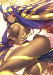  ass blonde_hair blue_hair breasts dark-skinned_female dark_skin earrings egyptian egyptian_clothes facial_mark fate/grand_order fate_(series) female hairband jewelry large_breasts loincloth long_hair multicolored_hair nitocris_(fate) nitocris_(third_ascension)_(fate) official_art purple_eyes revealing_clothes shima_udon smile solo two-tone_hair underboob 