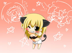  alice_margatroid animal_ears blonde_hair bloomers blush bra buri_hamachi cat_ears cat_tail chibi closed_eyes commentary_request female grin hat heart kirisame_marisa long_hair meme one_eye_closed orange_background patchouli_knowledge ribbon ritateo smile star_(symbol) strapless strapless_bra tail thumbs_up touhou underwear underwear_only unworn_hat unworn_headwear yellow_eyes 