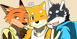  2016 anthro bearlovestiger13 black_nose blue_eyes canid canine canis clothed clothing countershading disney domestic_dog fox fur gesture green_eyes group hand_gesture husky kuugo_(lagoon_lounge) lagoon_lounge male mammal natsume_(tooboe_bookmark) nick_wilde nordic_sled_dog open_mouth red_fox simple_background smile spitz tooboe_bookmark true_fox v_sign yellow_body yellow_fur zootopia 