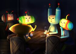  2girls 3boys ace_(katamari_damacy) candles chairs foomin_(katamari_damacy) glass highres katamari_damacy kuro_(katamari_damacy) marcy_(katamari_damacy) multiple_boys multiple_girls night outside reflection straw table the_prince window 