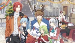  1010kren 1other 3boys 3girls animal_ears antlers ao_no_kiseki ascot bad_id bad_twitter_id belt black_gloves blue_hair blush bow bowtie breasts brown_eyes brown_hair cake capelet cat_ears christmas_tree closed_eyes coat collared_shirt couch cowboy_shot cup decorations eiyuu_densetsu elie_macdowell facial_hair feline fingerless_gloves flat_chest food fur_trim gloves goatee green_eyes green_hair grey_hair grin hair_between_eyes hand_on_another&#039;s_shoulder hat horns hug jacket kea_(eiyuu_densetsu) lens_flare lloyd_bannings locker long_hair medium_breasts mishy multiple_boys multiple_girls necktie pants pom_pom_(clothes) randolph_orlando red_bow red_eyes red_hair red_necktie santa_costume santa_hat sergei_lou shirt short_hair sitting sleeveless smile sparkle stairs straight_hair striped_clothes striped_shirt stuffed_animal stuffed_cat stuffed_toy suspenders table tio_plato triangle_mouth turkey_(food) turtleneck twintails wolf yellow_eyes zeit zero_no_kiseki 