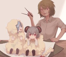  3girls akira_(cookie) animal_ears blouse chopsticks commentary cookie_(touhou) flour_(cookie) green_hair grey_hair holding holding_chopsticks kazami_yuuka kumoi_ichirin miyako_(naotsugu) mouse_ears multiple_girls nazrin nyon_(cookie) red_eyes shirt shoes short_hair short_sleeves sitting smile table touhou wing_collar 