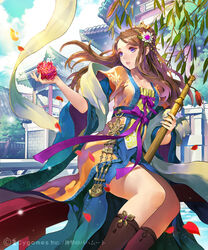  brown_hair commentary female flower hair_ornament hair_rings korean_clothes long_hair long_sleeves original parted_lips purple_eyes shawl shingeki_no_bahamut sitting solo sword tob weapon 