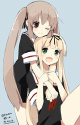  2girls black_ribbon black_serafuku blonde_hair blush bow brown_eyes brown_hair commentary_request green_eyes hair_ornament hair_ribbon hairbow hug hug_from_behind kantai_collection long_hair messy_hair multiple_girls murasame_(kancolle) open_mouth pleated_skirt ribbon school_uniform serafuku short_sleeves sitting skirt smile twintails wara_(warapro) yuudachi_(kancolle) 