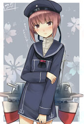  bad_id bad_pixiv_id blush brown_eyes brown_hair cannon clothes_writing dress female floral_background grey_background hat kantai_collection sailor_collar sailor_dress sailor_hat short_hair solo torpedo turret umasanjin z3_max_schultz_(kancolle) 