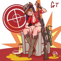  boots box breasts glasses gotwin gun hat jar jarate long_hair rule_63 solo team_fortress_2 tf2 the_sniper weapon 