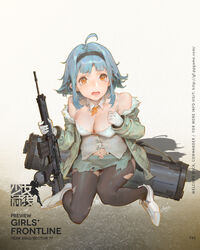  3: ahoge assault_rifle bare_shoulders black_thighhighs blue_hair blush boots breasts character_name cleavage coat copyright_name female full_body fur_trim girls&#039;_frontline gun hairband highres holding holding_gun holding_weapon krenz looking_at_viewer medium_breasts navel oerba_yun_fang official_art open_clothes open_coat open_mouth orange_eyes promotional_art rifle shirt short_hair sidelocks solo squatting t91_(girls&#039;_frontline) t91_assault_rifle tears thighhighs torn_clothes torn_shirt torn_thighhighs watermark weapon web_address white_footwear 