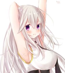  armpits arms_up azur_lane black_necktie blush breasts collared_shirt commentary_request enterprise_(azur_lane) female highres large_breasts long_hair looking_at_viewer necktie open_mouth purple_eyes shimashiro_itsuki shirt sideboob sleeveless sleeveless_shirt solo underbust white_hair 