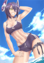  adapted_costume alternate_color bikini bikini_shorts black_bikini black_hair checkered_necktie commentary ebr-kii eyepatch female grin headgear kantai_collection necktie photoshop_(medium) short_hair shorts smile solo swimsuit tenryuu_(kancolle) yellow_eyes 