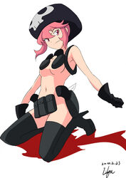  artist_request belt breasts curvy female female hat jakuzure_nonon kill_la_kill looking_at_viewer nudist_beach_uniform pink_eyes pink_hair shiny skull_print smile 