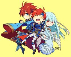  2boys armor bare_shoulders blue_eyes blue_hair cape chibi closed_eyes commentary_request dress eliwood_(fire_emblem) father_and_son female fire_emblem fire_emblem:_the_binding_blade fire_emblem:_the_blazing_blade fire_emblem_heroes grey_hair hair_ornament long_hair looking_at_viewer mother_and_son multiple_boys ninian_(fire_emblem) open_mouth red_eyes red_hair roirence roy_(fire_emblem) short_hair smile 