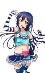  artist_request bare_shoulders blue_hair blue_skirt blush bow breasts brown_eyes character_name cheerleader collarbone copyright_name elbow_gloves female fingerless_gloves frills gloves headset long_hair looking_at_viewer love_live! love_live!_school_idol_festival love_live!_school_idol_festival_after_school_activity love_live!_school_idol_project midriff navel official_art open_mouth simple_background skirt small_breasts smile solo sonoda_umi star_(symbol) striped takaramonozu thighhighs transparent_background 