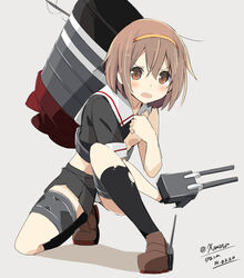  black_serafuku brown_eyes brown_hair cannon commentary_request damaged embarrassed female gun hair_ornament hairband kantai_collection machinery open_mouth orange_hairband panties school_uniform serafuku shiratsuyu_(kancolle) short_hair skirt solo torn_clothes turret underwear wara_(warapro) weapon white_panties 