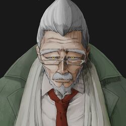  1boy bad_id bad_pixiv_id beard black_background chicago_kachou close-up danganronpa_(series) danganronpa_3_(anime) facial_hair glasses male_focus moustache necktie old old_man red_necktie short_hair simple_background solo tengan_kazuo white_hair yellow_eyes 