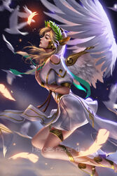  alternate_wings angel_wings backlighting bird blonde_hair breasts closed_eyes commentary dove dress english_text feathered_wings feathers female flying from_side glowing_feather halo hands_on_own_chest head_wreath headpiece highres laurel_crown liang_xing lips long_hair mechanical_halo mechanical_wings medium_breasts mercy_(overwatch) night night_sky nose official_alternate_costume overwatch overwatch_1 pelvic_curtain photoshop_(medium) red_lips short_sleeves sky solo spread_wings togass white_dress white_feathers white_wings winged_victory_mercy wings 