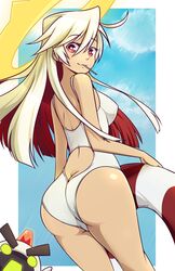  :o adapted_costume ahoge artist_name ass back bare_shoulders blonde_hair blush breasts bright_pupils butt_crack candy closed_mouth cloud competition_swimsuit covered_nipples cowboy_shot day female floating_hair food from_side furrowed_brow glowing glowing_eyes glowing_mouth green_eyes guilty_gear guilty_gear_xrd hair_between_eyes halo highres holding jack-o&#039;_valentine lancer_servant lifebuoy light_smile lollipop long_hair looking_at_viewer looking_back lyn_(shunao) medium_breasts mouth_hold multicolored_hair one-piece_swimsuit open_mouth outdoors outside_border protected_link red_eyes red_hair shoulder_blades signature size_difference skin_tight sky spiked_halo standing straight_hair striped swept_bangs swim_ring swimsuit thick_eyebrows thighs two-tone_hair v-shaped_eyebrows white_one-piece_swimsuit 