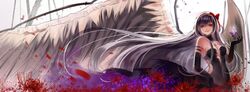  akemi_homura akuma_homura black_gloves black_hair breasts cleavage commentary_request dark_orb_(madoka_magica) elbow_gloves female flower gloves hair_ribbon hairband jiji_(381134808) long_hair looking_at_viewer mahou_shoujo_madoka_magica mahou_shoujo_madoka_magica:_hangyaku_no_monogatari medium_breasts photoshop_(medium) red_eyes ribbon smile solo soul_gem spider_lily spoilers wings 