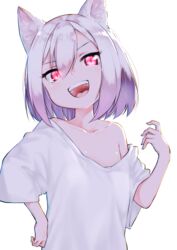  :d animal_ear_fluff animal_ears bare_shoulders collarbone commentary fangs female fox_ears glowing glowing_eyes hair_between_eyes hand_up head_tilt highres off_shoulder open_mouth original oversized_clothes oversized_shirt red_eyes shirt short_sleeves silver_hair simple_background smile solo suzunari_arare upper_body white_background white_shirt wide_sleeves yuki_arare 