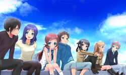  3boys 4girls black_hair blue_eyes blue_hair brown_eyes brown_hair commentary_request dress folded_hair hiradaira_chisaki hisanuma_sayu hood hoodie isaki_kaname kihara_tsumugu long_hair mihama_junior_high_school_uniform mukaido_manaka multiple_boys multiple_girls nagi_no_asukara nami_junior_high_school_uniform one_side_up pantyhose sailor_dress sakishima_hikari school_uniform serafuku shiodome_miuna short_hair twintails uari 