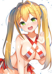  :d ahoge aozora_nan bikini bikini_pull blush breasts cleavage clothes_pull collarbone commentary_request cowboy_shot criss-cross_halter fate/grand_order fate_(series) female green_eyes hair_intakes halterneck hand_up highres large_breasts leaning_forward long_hair looking_at_viewer nero_claudius_(fate) nero_claudius_(swimsuit_caster)_(fate) open_mouth red_bikini sidelocks simple_background skindentation smile solo striped_bikini striped_clothes swimsuit twintails waving white_background 