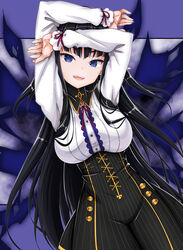  :d absurdres arms_up black_hair black_skirt blue_eyes choker colorized commentary_request cowboy_shot dress_shirt female floating_hair from_above high-waist_skirt high_school_dxd highres long_hair long_sleeves looking_at_viewer lying maximilian-destroyer miyama-zero neck_ribbon nyx_(high_school_dxd) official_art on_back open_mouth red_ribbon ribbon shirt skirt smile solo third-party_edit underbust very_long_hair white_shirt 