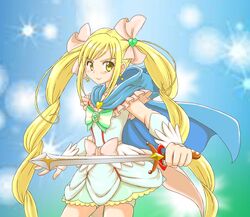  blonde_hair blue_background bow cape choker commentary_request cure_echo female frills hair_ribbon highres hoshikawa_tsukimi left-handed light_particles long_hair magical_girl md5_mismatch pink_bow precure precure_all_stars_new_stage:_mirai_no_tomodachi precure_all_stars_new_stage_3:_eien_no_tomodachi resolution_mismatch ribbon sakagami_ayumi skirt smile solo source_larger sword twintails waist_bow weapon white_choker wrist_cuffs yellow_eyes 