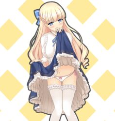  blonde_hair blue_bow blue_eyes blue_skirt blush bow braid breasts clothes_lift commentary_request female hairbow hand_up knees_together_feet_apart lifting_own_clothes long_hair looking_at_viewer medium_breasts mireille_(sennen_sensou_aigis) mun_(gunma) navel panties sennen_sensou_aigis side-tie_panties simple_background skirt skirt_lift solo standing thighhighs underwear very_long_hair white_panties white_thighhighs 