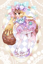  :d argyle_background bad_id bad_pixiv_id bag bangle blue_bow blush bow bracelet brown_eyes brown_hair candy candy_lapin_(show_by_rock!!) cookie dress english_text female food food-themed_ornament frilled_bow frilled_sleeves frills group_name heart highres holding holding_food jewelry lace leaning_forward lollipop macaron mamaloni open_mouth outstretched_arm pantyhose pink_bow puffy_short_sleeves puffy_sleeves purple_footwear shoes short_hair short_sleeves show_by_rock!! smile solo sparkle star_(symbol) swept_bangs twitter_username white_background wrapped_candy 