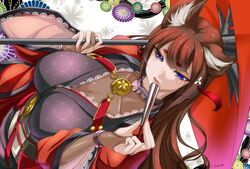  absurdres amagi_(azur_lane) animal_ears artist_name azur_lane blunt_bangs blush breasts bridal_gauntlets brown_gloves brown_hair choker cleavage coat collarbone commentary_request eyes_visible_through_hair female floating_hair folded_fan folding_fan fox_ears gloves hair_ornament half-closed_eyes hand_fan highres holding holding_fan holding_umbrella japanese_clothes kimono large_breasts lips long_hair long_sleeves looking_at_viewer obi oil-paper_umbrella open_mouth purple_eyes purple_kimono red_coat sash short_eyebrows signature solo thick_eyebrows toron_(mino106) umbrella wide_sleeves 