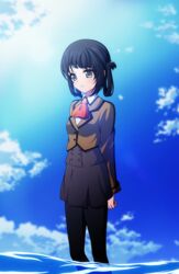  black_bitou black_hair blue_eyes commentary_request female folded_hair hair_rings highres long_hair mihama_junior_high_school_uniform nagi_no_asukara pantyhose school_uniform shiodome_miuna standing twintails wading water 