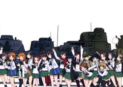  6+girls akiyama_yukari bag bandana black_hair black_ribbon black_socks black_thighhighs blonde_hair blue_eyes bow_(weapon) brown_eyes brown_hair caesar_(girls_und_panzer) collarbone duplicate erwin_(girls_und_panzer) girls_und_panzer glasses green_skirt hair_ribbon hairband hand_in_own_hair high_ponytail holding holding_weapon image_sample isuzu_hana kadotani_anzu kawashima_momo kneehighs koyama_yuzu long_hair looking_at_viewer m3_lee maruyama_saki military military_vehicle motor_vehicle multiple_girls nishizumi_miho official_art one_eye_closed oono_aya open_mouth oryou_(girls_und_panzer) panzer_iv panzerkampfwagen_38(t) pleated_skirt red_scarf reizei_mako ribbon saemonza_(girls_und_panzer) sakaguchi_karina sawa_azusa scarf school_bag school_uniform serafuku shirt short_hair simple_background skirt smile socks sturmgeschutz_iii takebe_saori tank thighhighs twintails type_89_i-gou utsugi_yuuki v waving weapon white_background white_hairband white_shirt yamagou_ayumi yandere_sample 