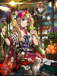  bad_id bad_pixiv_id blue_eyes chopsticks copyright_name dated eating feline female flower food fruit furyou_michi_~gang_road~ hair_ornament japanese_clothes kimono klestil_reina long_hair mandarin_orange mochi official_art photoshop_(medium) sitting solo tob twintails wagashi 