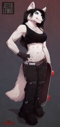  2016 abs anthro belt biped black_hair blue_eyes bottomwear canid canine canis clothed clothing female fingerless_gloves footwear fur gloves hair handwear hi_res jetta_lewis long_hair mammal midriff muscular muscular_anthro muscular_female navel navel_piercing pants piercing shoes skateboard solo stoopix thong thong_straps underwear vehicle wolf 