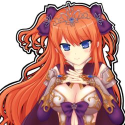  alice_(sennen_sensou_aigis) blue_eyes blush bow breasts cape cleavage commentary_request female hairbow interlocked_fingers long_hair looking_at_viewer lowres medium_breasts mun_(gunma) orange_hair purple_bow purple_cape sennen_sensou_aigis smile solo tiara two_side_up upper_body 