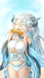  2girls :d bare_shoulders blue_hair breasts chikopudding closed_eyes commentary_request corn cowboy_shot draph flower granblue_fantasy hair_between_eyes hair_flower hair_ornament highres holding horns izmir izmir_(summer)_(granblue_fantasy) large_breasts layered_swimsuit long_hair mole mole_under_mouth multiple_girls official_alternate_costume open_mouth pointy_ears smile standing swimsuit very_long_hair 