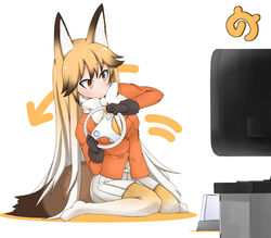  animal_ears arrow_(symbol) black_gloves blazer blonde_hair blush bow bowtie brown_hair closed_mouth commentary_request controller ezo_red_fox_(kemono_friends) female fox_ears fox_tail full_body fur_trim game_console game_controller gloves gradient_hair highres holding jacket japari_symbol kagura_roku kemono_friends leaning_to_the_side long_hair long_sleeves motion_lines multicolored_hair necktie no_shoes pantyhose playing_games pleated_skirt sitting skirt solo steering_wheel tail television very_long_hair wariza white_background white_bow white_bowtie white_hair white_skirt wii wii_racing_wheel yellow_bow yellow_necktie 