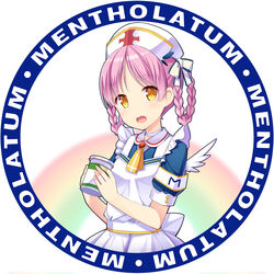  amemiya_ruki border braid braided_hair_rings commentary_request female hair_ribbon hair_rings hat highres holding little_nurse long_hair looking_at_viewer mentholatum nurse_cap open_mouth original photoshop_(medium) pink_hair rainbow ribbon round_image short_sleeves solo twin_braids upper_body wings yellow_eyes 