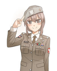  bad_id bad_pixiv_id beret female hat looking_at_viewer military military_uniform necktie original poland ribbon_bar salute shino_(r_shughart) simple_background solo two-finger_salute uniform 