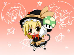  1-up_mushroom 1up :o alice_margatroid animal_ears arm_up blonde_hair blush_stickers buri_hamachi cat_ears cat_tail chibi commentary_request female hat heart kirisame_marisa long_hair mario_(series) meme mushroom open_mouth orange_background patchouli_knowledge ribbon ritateo star_(symbol) super_mario_bros._1 super_marisa_world tail touhou v-shaped_eyebrows yellow_eyes 