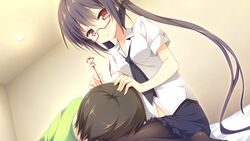  alcot black_hair clover_day&#039;s game_cg glasses long_hair nimura_yuushi pantyhose red_eyes takakura_anri tie twintails 