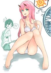  !? 1boy ass blush bra collarbone commentary_request cross_rock darling_in_the_franxx female green_eyes hand_on_own_shoulder highres hiro_(darling_in_the_franxx) horns korean_commentary legs_up long_hair looking_at_viewer no_pants no_shirt oni_horns panties pantyshot partial_commentary pink_hair red_horns shirt shorts sitting speech_bubble straight sun sweat underwear white_bra white_panties zero_two_(darling_in_the_franxx) 