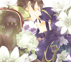  1boy blue_eyes blue_gloves blue_hair blurry bouquet brown_hair cape closed_eyes colored_eyelashes commentary_request couple depth_of_field female fire_emblem fire_emblem_awakening flower gloves height_difference holding hood hooded_jacket isa_(chiyo-s) jacket kissing kissing_forehead long_hair long_sleeves lucina_(fire_emblem) morgan_(fire_emblem) morgan_(male)_(fire_emblem) profile smile straight striped tiara vertical_stripes white_background 