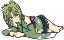  ahoge arm_support bangs_pinned_back bare_legs bare_shoulders bell black_skirt blush breasts clenched_hands closed_mouth commentary_request detached_sleeves dot_nose female flower flower_knight_girl full_body green_hair green_kimono green_sleeves grey_outline hair_flower hair_ornament japanese_clothes kimono long_hair long_sleeves looking_at_viewer lowres lying mun_(gunma) obi on_side outline parted_bangs ponytail sandals sankaku_saboten_(flower_knight_girl) sash simple_background single_horizontal_stripe skirt small_breasts smile solo white_background white_legwear wide_sleeves 