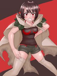  black_hair blush breasts cloak commentary_request female hashimoto_(soukidann2010) highres medium_breasts pokemon pokemon_oras reaching red_eyes short_hair short_shorts shorts solo spaghetti_strap thighhighs zinnia_(pokemon) 