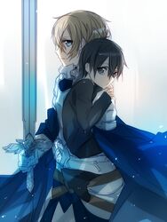  2boys armor black_eyes black_hair blonde_hair carrying commentary_request eugeo green_eyes jianmo_sl kirito male_focus multiple_boys sword sword_art_online weapon 